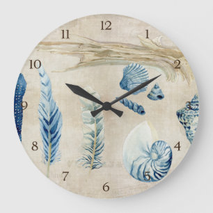 Indigo Ocean Beach Sketchbook Watercolor Shells Large Clock