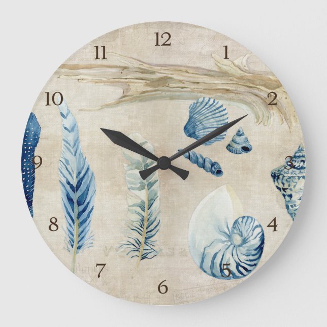 Indigo Ocean Beach Sketchbook Watercolor Shells Large Clock (Front)