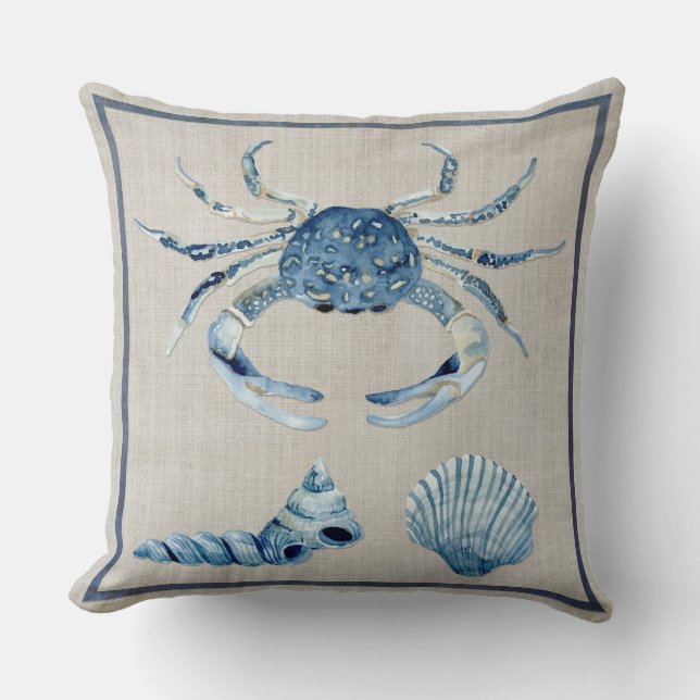 Indigo Ocean Blue Crab Turban Scallop Sea Shells Throw Pillow (Front)