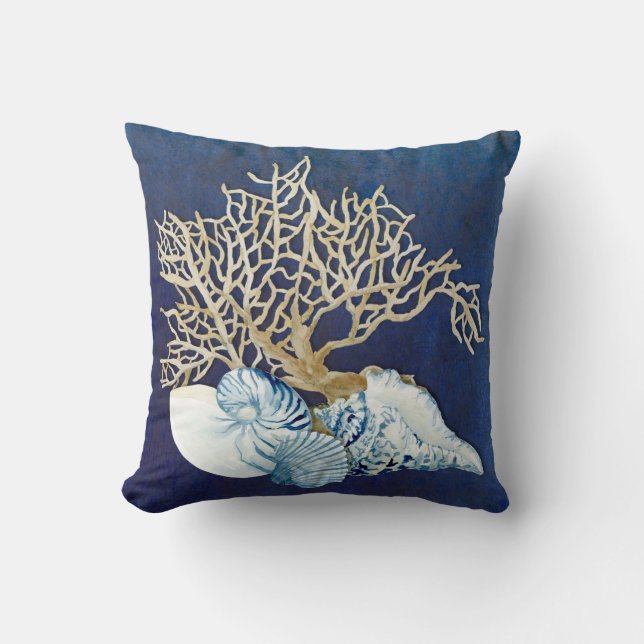 Indigo Ocean Coral Seashells Nautical Beach House Throw Pillow (Front)