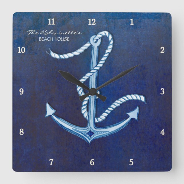 Indigo Ocean Crab Seashells Nautical Beach House Square Wall Clock (Front)