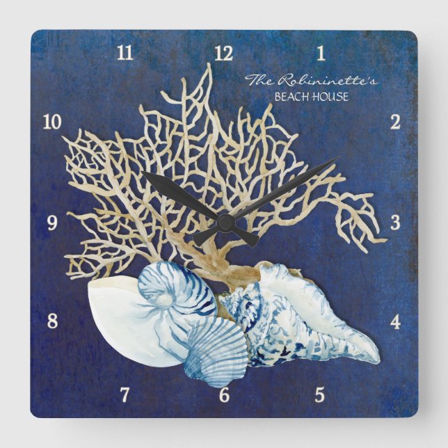 Indigo Ocean Crab Seashells Nautical Beach House Square Wall Clock (Front)