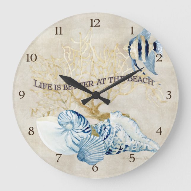 Indigo Ocean Life is Better at the Beach Shells Large Clock (Front)