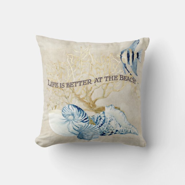 Indigo Ocean Life is Better at the Beach Shells Throw Pillow (Front)