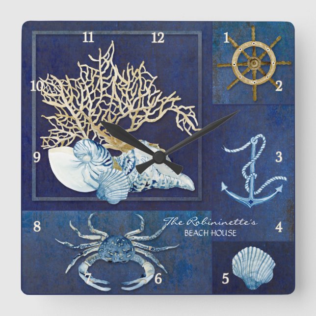 Indigo Ocean Nautical Beach House Coastal Seashore Square Wall Clock (Front)
