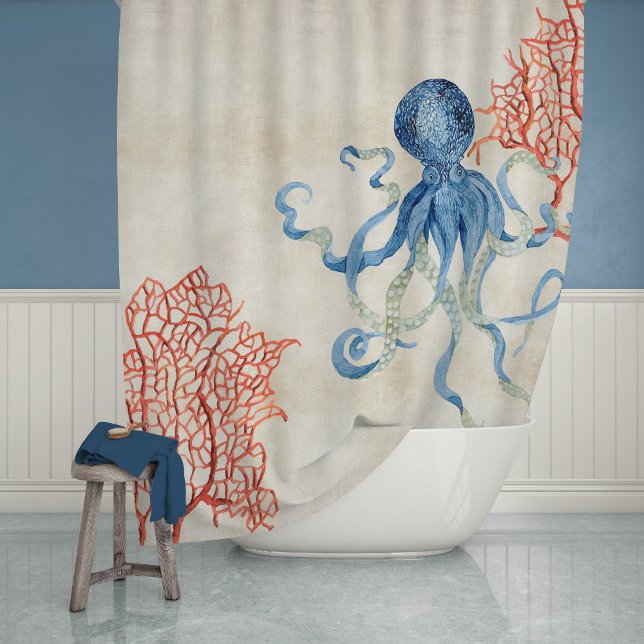 Indigo Ocean Parchment Red Fan Coral Blue Octopus (Creator Uploaded)