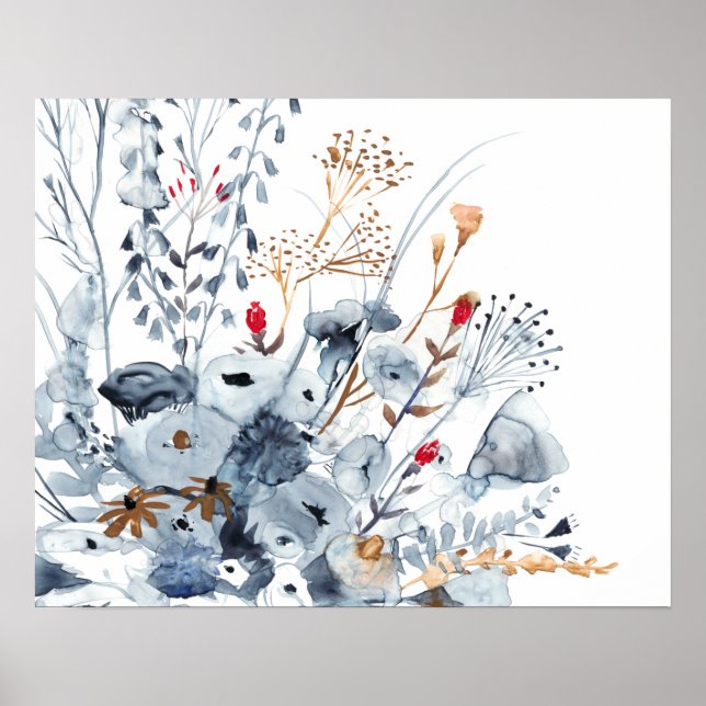 Indigo & Ochre - Watercolor Flowers Poster (Front)