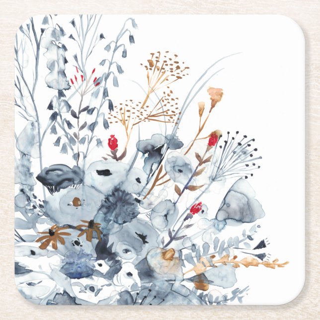 Indigo & Ochre - Watercolor Flowers Square Paper Coaster (Front)