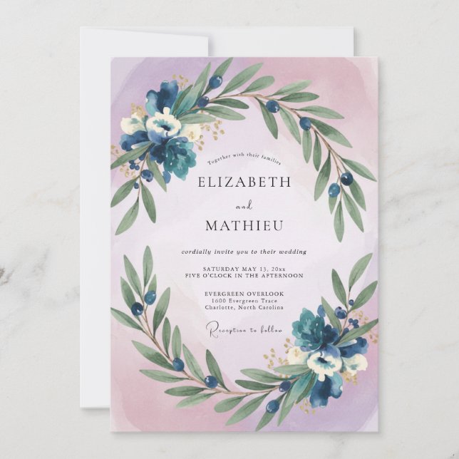 Indigo Olive Leafy Wedding Invitation (Front)