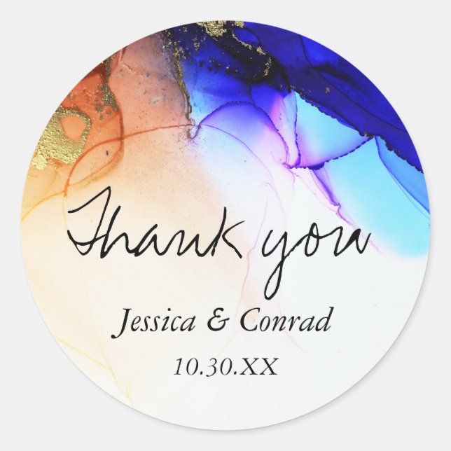 Indigo Orange Abstract Wedding Thank You Classic Round Sticker (Front)