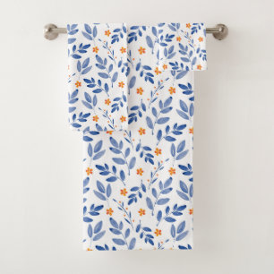 Indigo & Orange Watercolor Botanical Pattern  Bath Towel Set