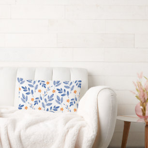 Indigo & Orange Watercolor Botanical Pattern Lumbar Pillow