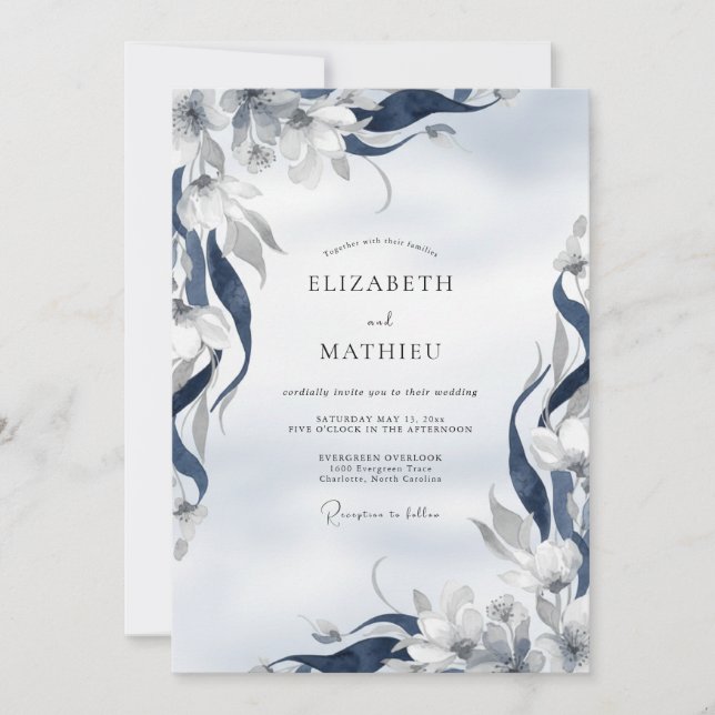 Indigo Painted Leaf Wedding Invitation (Front)