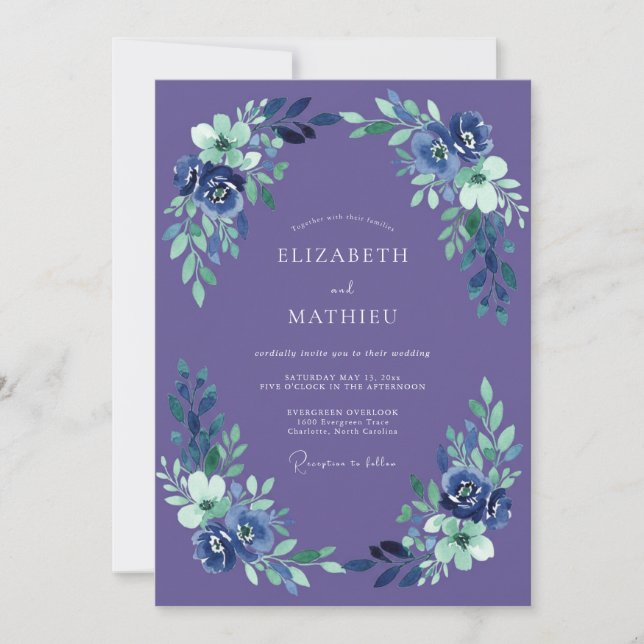 Indigo Painterly Floral Flourish Wedding Invitation (Front)