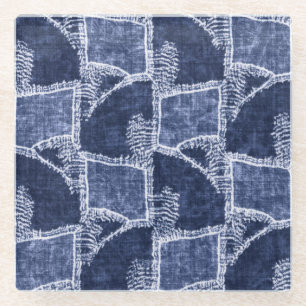 Indigo Patchwork: Textured Checked Elegance Glass Coaster