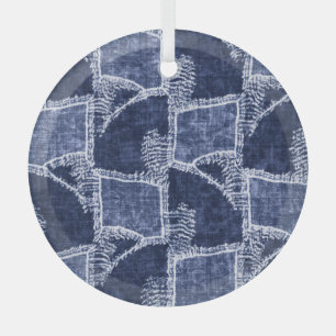 Indigo Patchwork: Textured Checked Elegance Glass Ornament