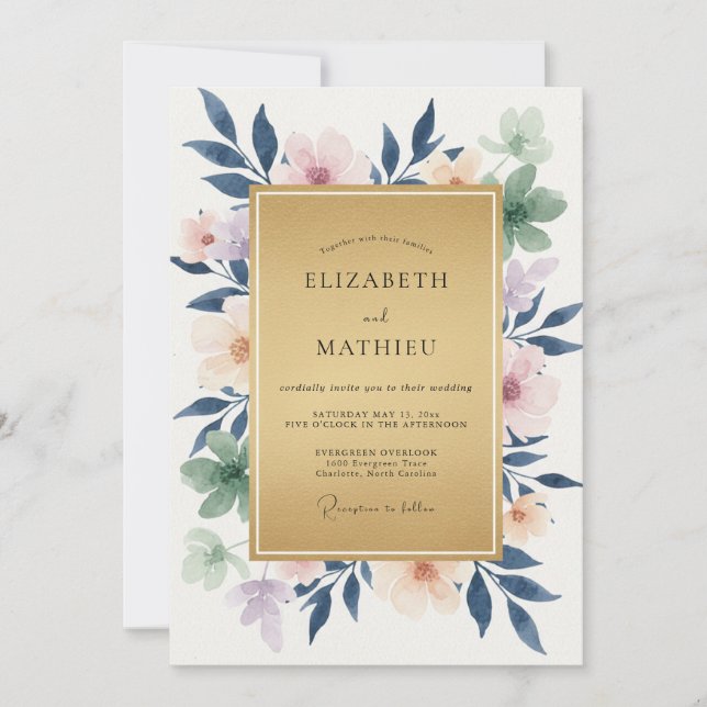Indigo Peach Foliage Eucalyptus Wedding Invitation (Front)