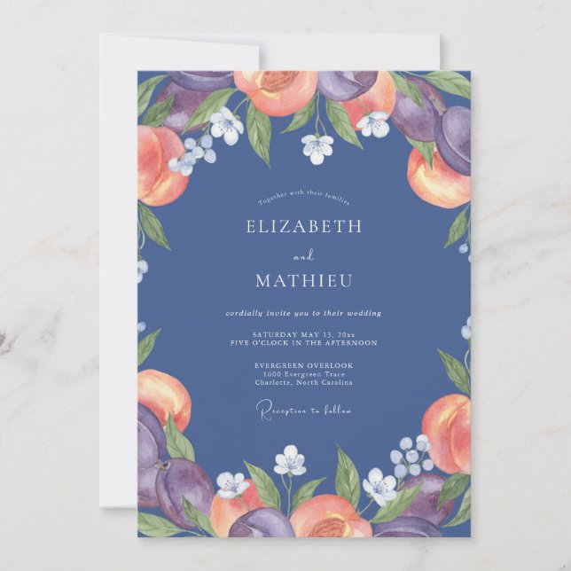 Indigo Peach Ranunculus Eucalyptus Wedding Invitation (Front)