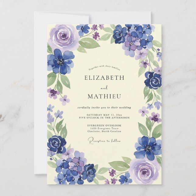 Indigo Periwinkle Hydrangea Eucalyptus Wedding Invitation (Front)