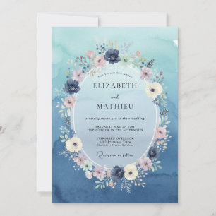 Indigo Periwinkle Wreath Wedding Invitation