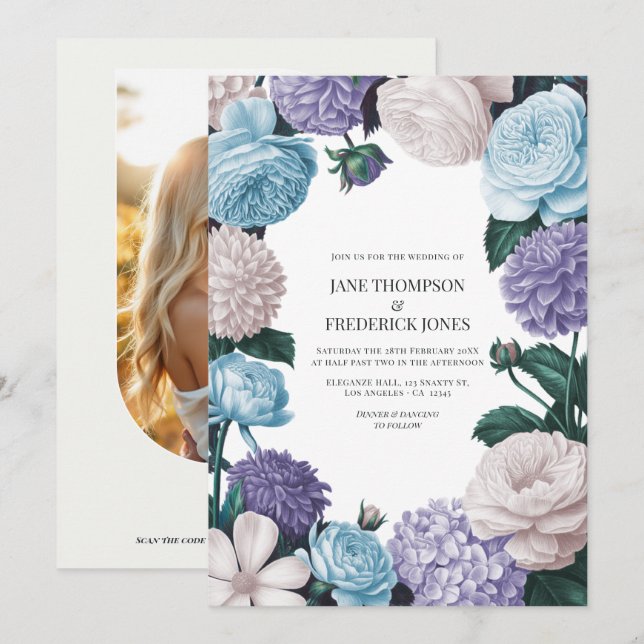 Indigo Petal, Blue Hydrangea & Frost Pearl Wedding Invitation (Front/Back)
