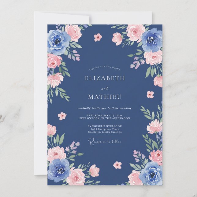 Indigo Pink Peony Wedding Invitation (Front)