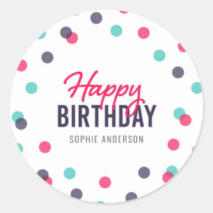 Indigo Pink Teal Confetti Happy Birthday Classic Round Sticker