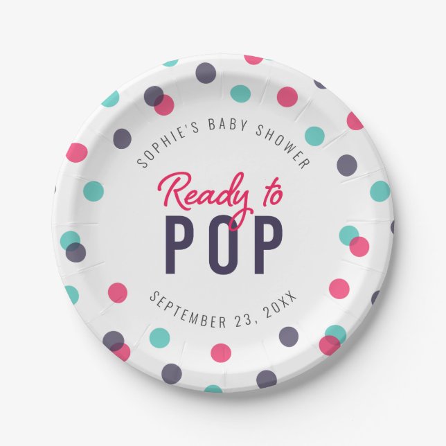 Indigo Pink Teal Confetti Ready to Pop Baby Shower Paper Plate (Front)