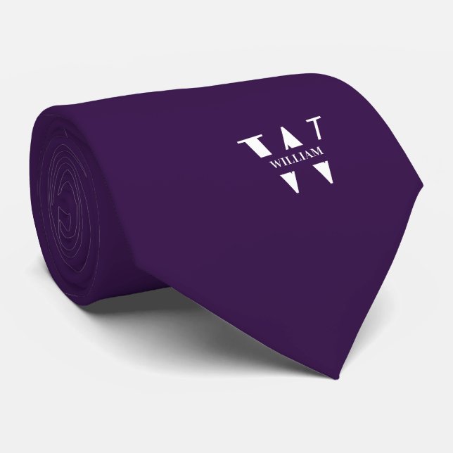 Indigo Purple Colour Elegant Monogram + Name  Tie (Rolled)
