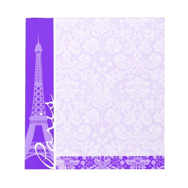 Indigo, Purple Damask; Paris; Eiffel Tower Notepad (Front)