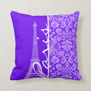 Indigo, Purple Damask; Paris; Eiffel Tower Throw Pillow
