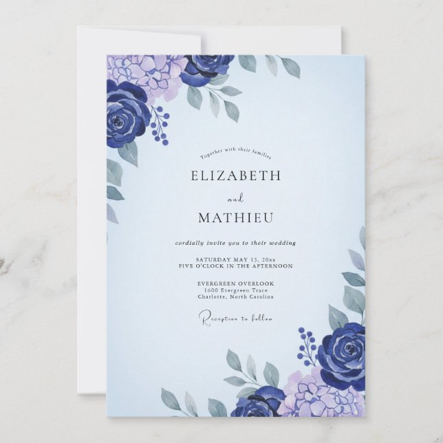 Indigo Purple Ranunculus Eucalyptus Wedding Invitation (Front)