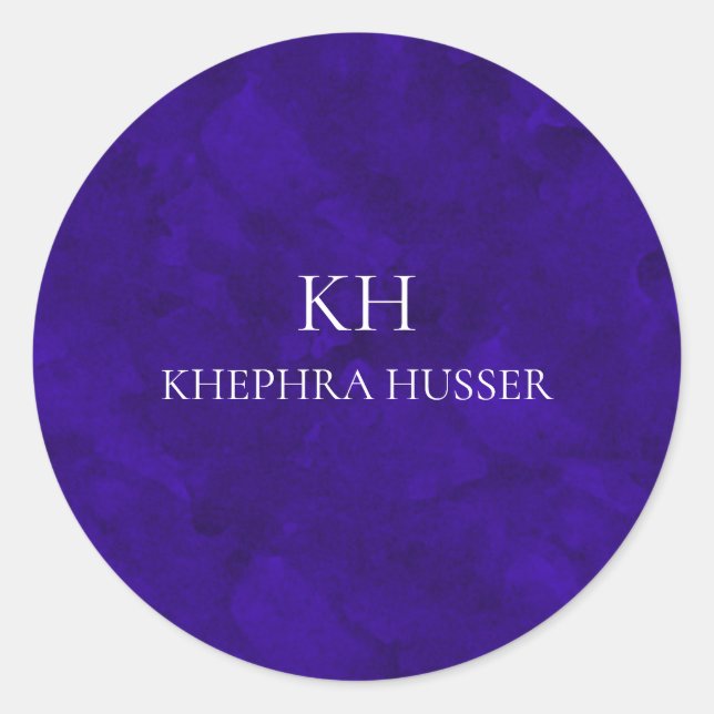 Indigo Purple Watercolor Monogram Classic Round Sticker (Front)