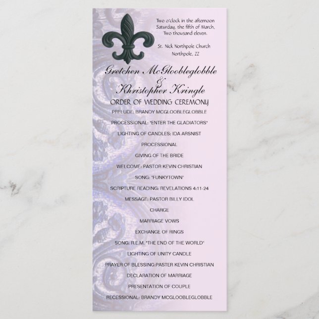indigo/rose "iron fleur de lis" WEDDING PROGRAM (Front)