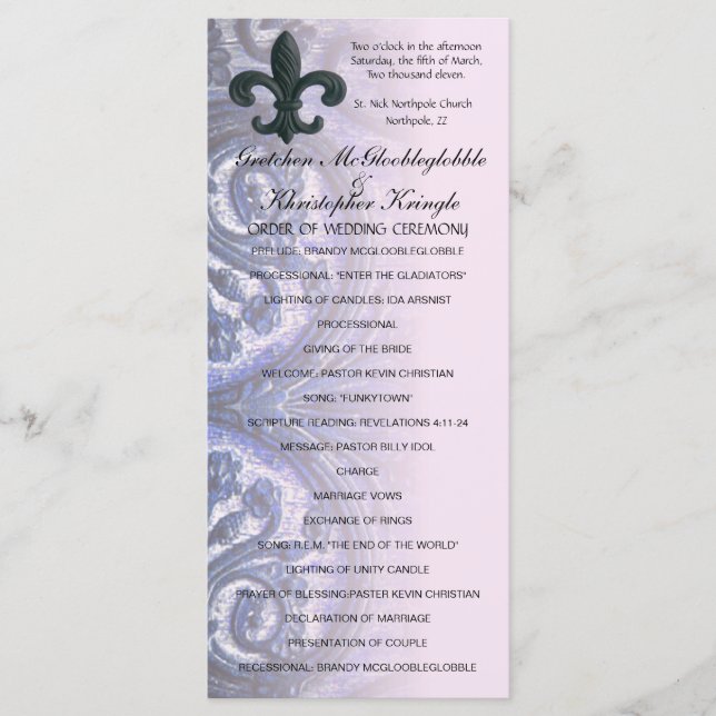 indigo/rose "iron fleur de lis" WEDDING PROGRAM (Front)