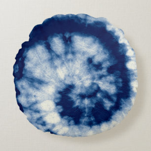 Indigo Round. Bohemian Tie Dye. Blue Roll Psychede Round Pillow