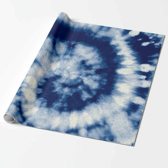 Indigo Round. Bohemian Tie Dye. Blue Roll Psychede Wrapping Paper (Unrolled)