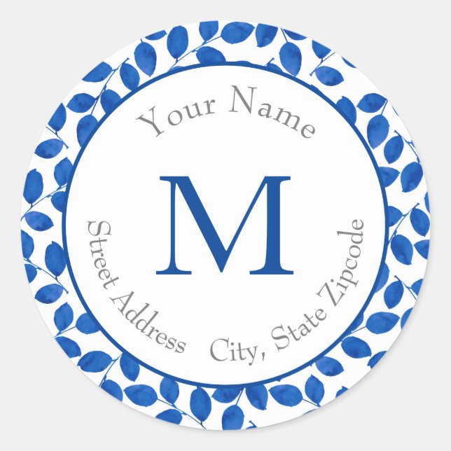 Indigo Royal Blue Watercolor Leaves Pattern Classic Round Sticker (Front)