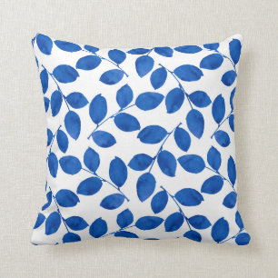 Indigo Royal Blue Watercolor Leaves Pattern Throw Pillow