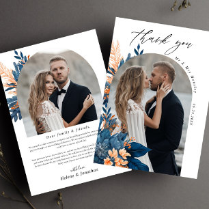 Indigo Rust Floral Wedding Photo Thank You Card