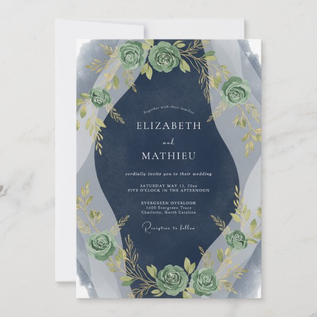 Indigo Sage Leaf Wedding Invitation (Front)