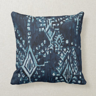 Indigo Satellite Ikat Tribal Watercolor Throw Pillow