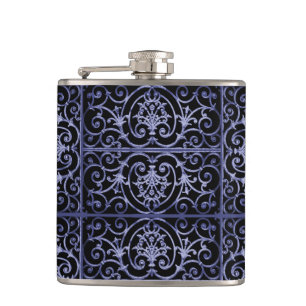 Indigo scrollwork pattern hip flask