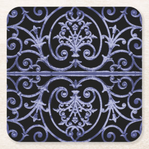 Indigo scrollwork pattern square paper coaster