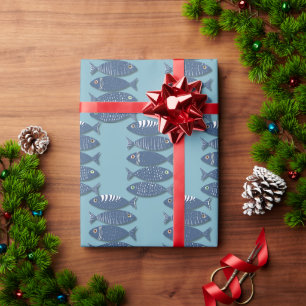 Indigo Shoal Modern Blue Fish Pattern Wrapping Paper