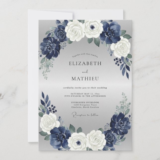 Indigo Silver Peony Wedding Invitation (Front)