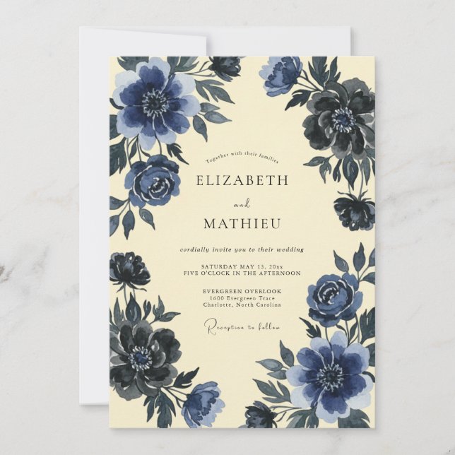 Indigo Slate Ranunculus Eucalyptus Wedding Invitation (Front)