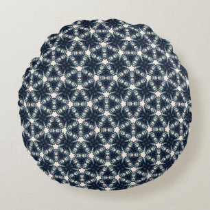 Indigo Snowflower Lattice Round Pillow