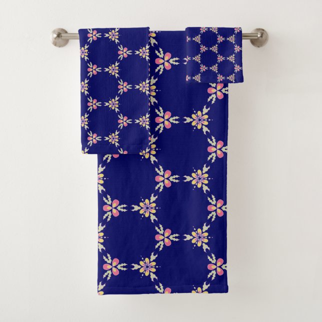 Indigo Spanish Mediterranean Tile Floral Pattern Bath Towel Set (Insitu)