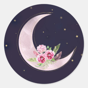 Indigo Star Fall Pink Floral Moon Baby Shower Classic Round Sticker